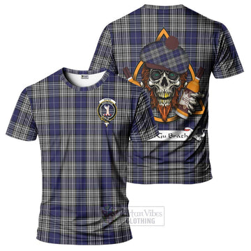 Napier Tartan T-Shirt with Family Crest and Bearded Skull Holding Bottles of Whiskey