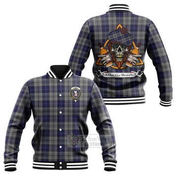 Napier Tartan Baseball Jacket with Family Crest and Bearded Skull Holding Bottles of Whiskey