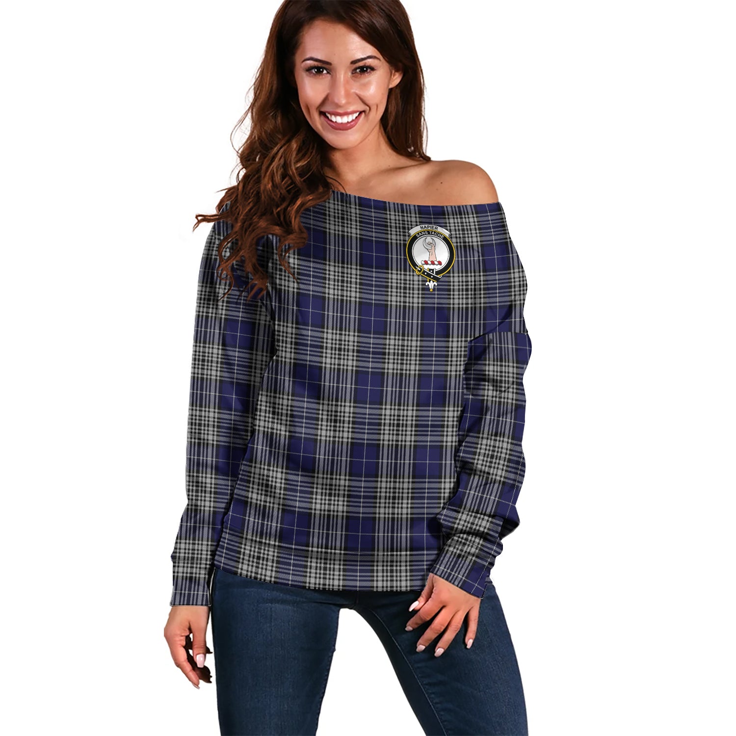 Napier Tartan Off Shoulder Women Sweater with Family Crest Women - Tartanvibesclothing