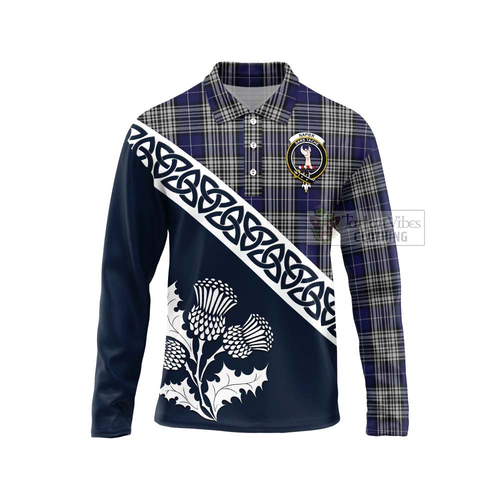 Tartan Vibes Clothing Napier Tartan Long Sleeve Polo Shirt Featuring Thistle and Scotland Map