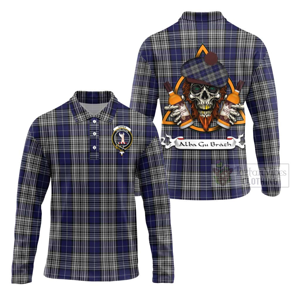 Tartan Vibes Clothing Napier Tartan Long Sleeve Polo Shirt with Family Crest and Bearded Skull Holding Bottles of Whiskey