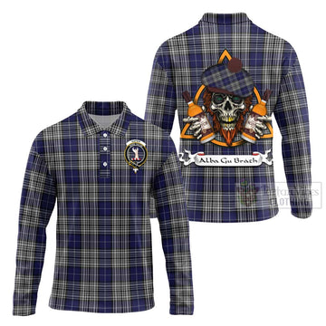 Napier Tartan Long Sleeve Polo Shirt with Family Crest and Bearded Skull Holding Bottles of Whiskey