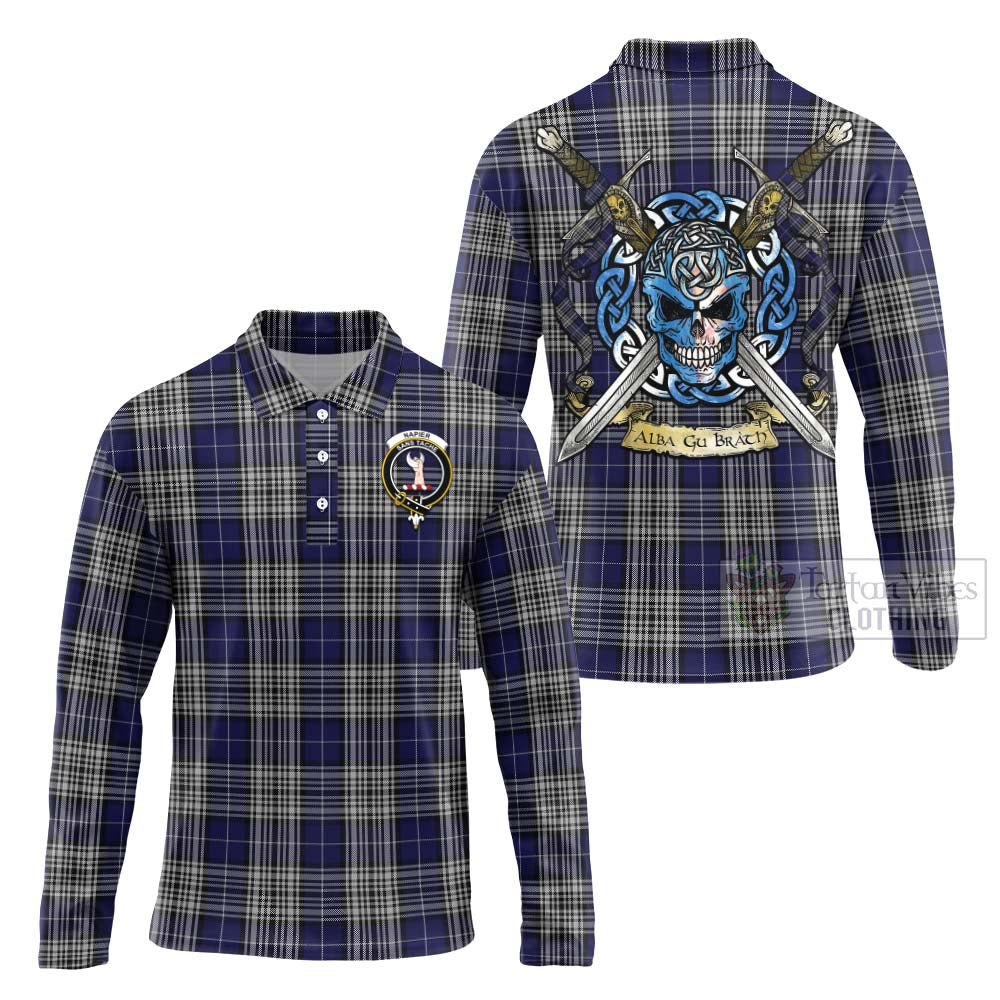 Tartan Vibes Clothing Napier Tartan Long Sleeve Polo Shirt with Family Crest Celtic Skull Style