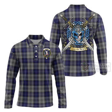 Napier Tartan Long Sleeve Polo Shirt with Family Crest Celtic Skull Style