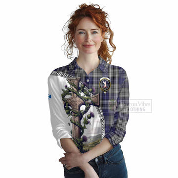 Napier Tartan Women's Casual Shirt with Family Crest and St. Andrew's Cross Accented by Thistle Vines