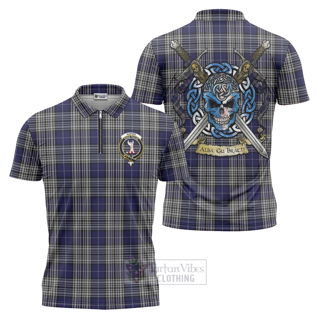 Tartan Vibes Clothing Napier Tartan Zipper Polo Shirt with Family Crest Celtic Skull Style