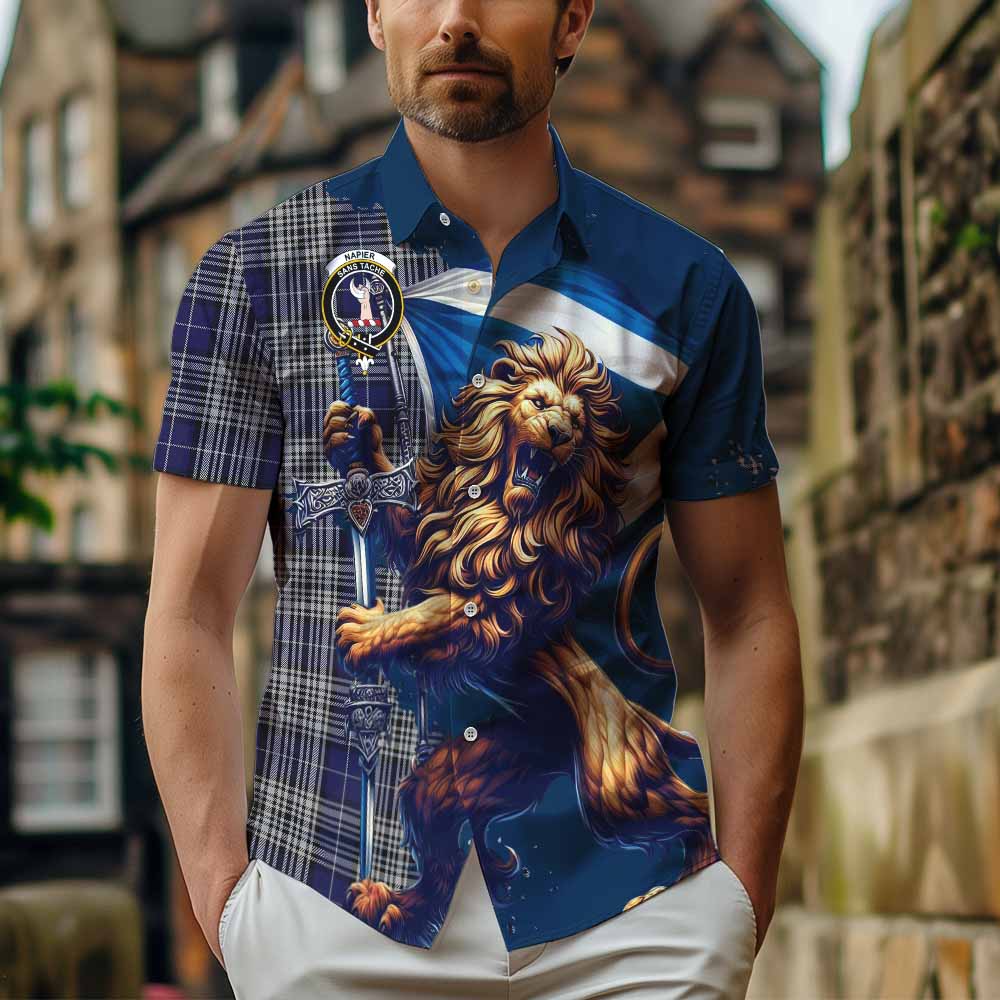 Tartan Vibes Clothing Napier Tartan Family Crest Short Sleeve Button Shirt with Scottish Majestic Lion