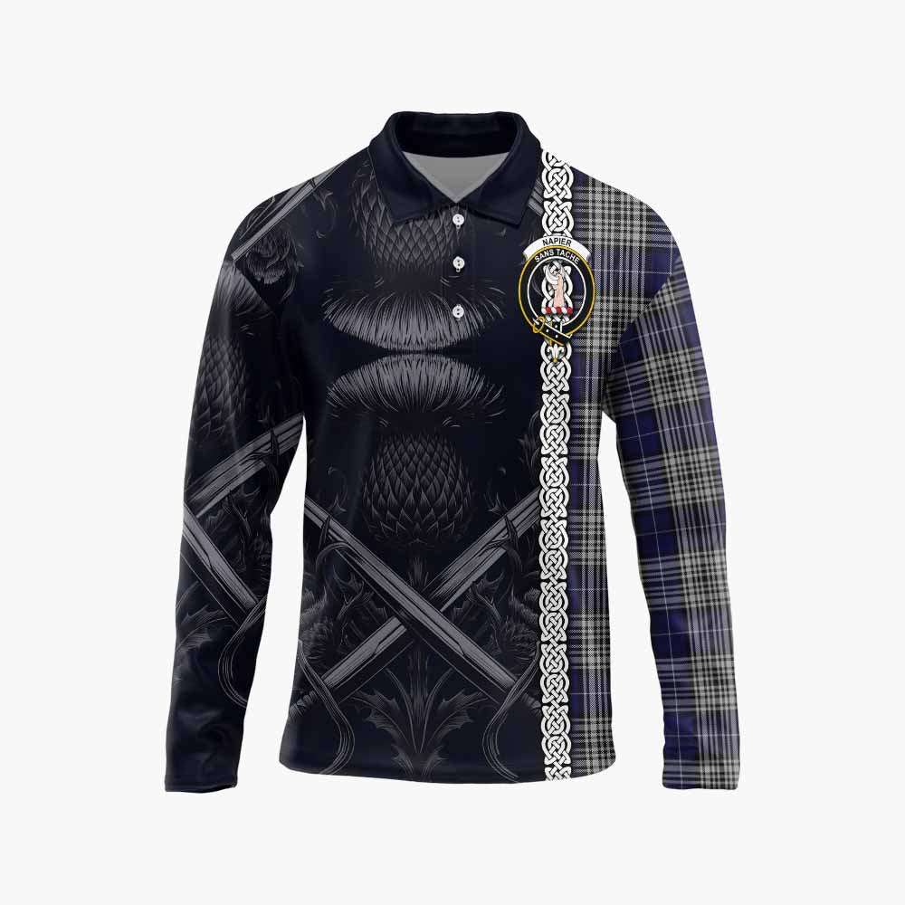 Tartan Vibes Clothing Napier Tartan Long Sleeve Polo Shirt with Family Crest Cross Sword Thistle Celtic Vibes