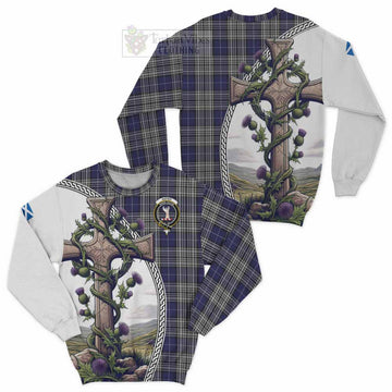 Napier Tartan Sweatshirt with Family Crest and St. Andrew's Cross Accented by Thistle Vines