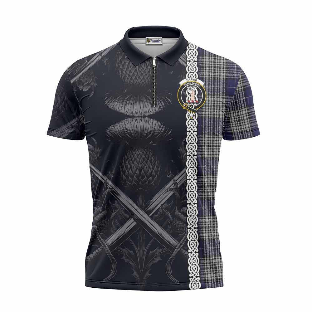 Tartan Vibes Clothing Napier Tartan Zipper Polo Shirt with Family Crest Cross Sword Thistle Celtic Vibes