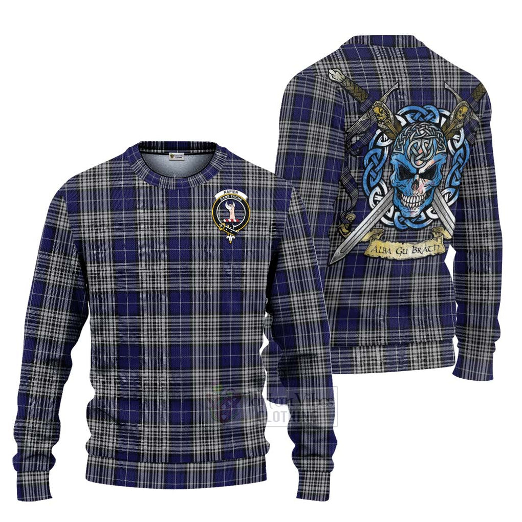 Tartan Vibes Clothing Napier Tartan Knitted Sweater with Family Crest Celtic Skull Style