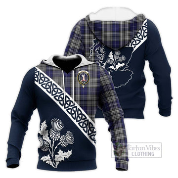 Napier Tartan Knitted Hoodie Featuring Thistle and Scotland Map