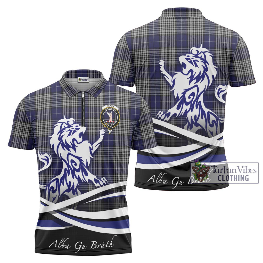 Napier Tartan Zipper Polo Shirt with Alba Gu Brath Regal Lion Emblem Unisex - Tartanvibesclothing Shop