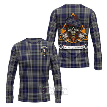 Napier Tartan Long Sleeve T-Shirt with Family Crest and Bearded Skull Holding Bottles of Whiskey