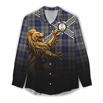 Napier Crest Tartan Women's Casual Shirt with Golden Lion Emblem Celtic Style Female - Tartan Vibes Clothing
