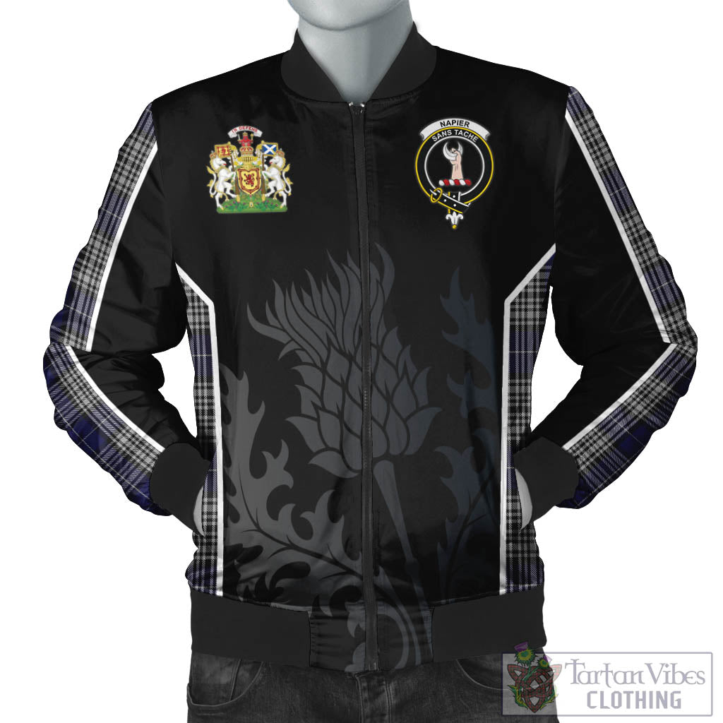 Tartan Vibes Clothing Napier Tartan Bomber Jacket with Family Crest and Scottish Thistle Vibes Sport Style