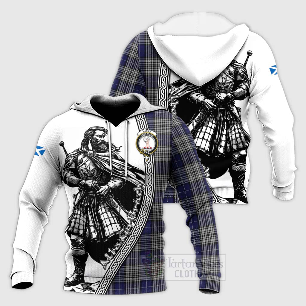 Tartan Vibes Clothing Napier Tartan Clan Crest Knitted Hoodie with Highlander Warrior Celtic Style