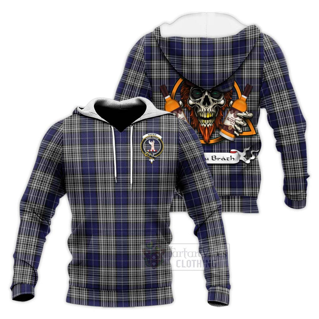 Tartan Vibes Clothing Napier Tartan Knitted Hoodie with Family Crest and Bearded Skull Holding Bottles of Whiskey