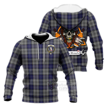 Napier Tartan Knitted Hoodie with Family Crest and Bearded Skull Holding Bottles of Whiskey