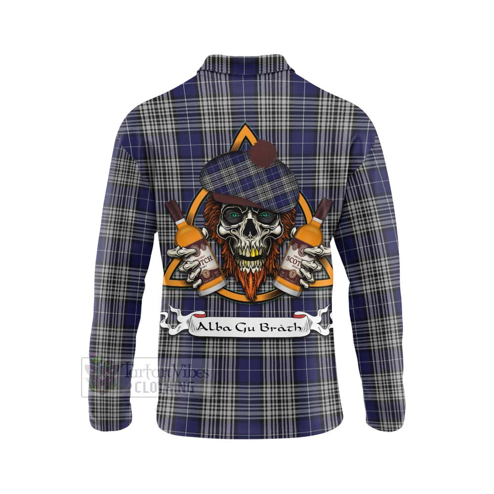 Tartan Vibes Clothing Napier Tartan Long Sleeve Polo Shirt with Family Crest and Bearded Skull Holding Bottles of Whiskey