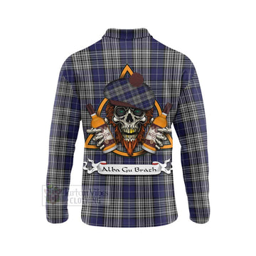 Napier Tartan Long Sleeve Polo Shirt with Family Crest and Bearded Skull Holding Bottles of Whiskey