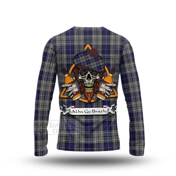 Napier Tartan Long Sleeve T-Shirt with Family Crest and Bearded Skull Holding Bottles of Whiskey