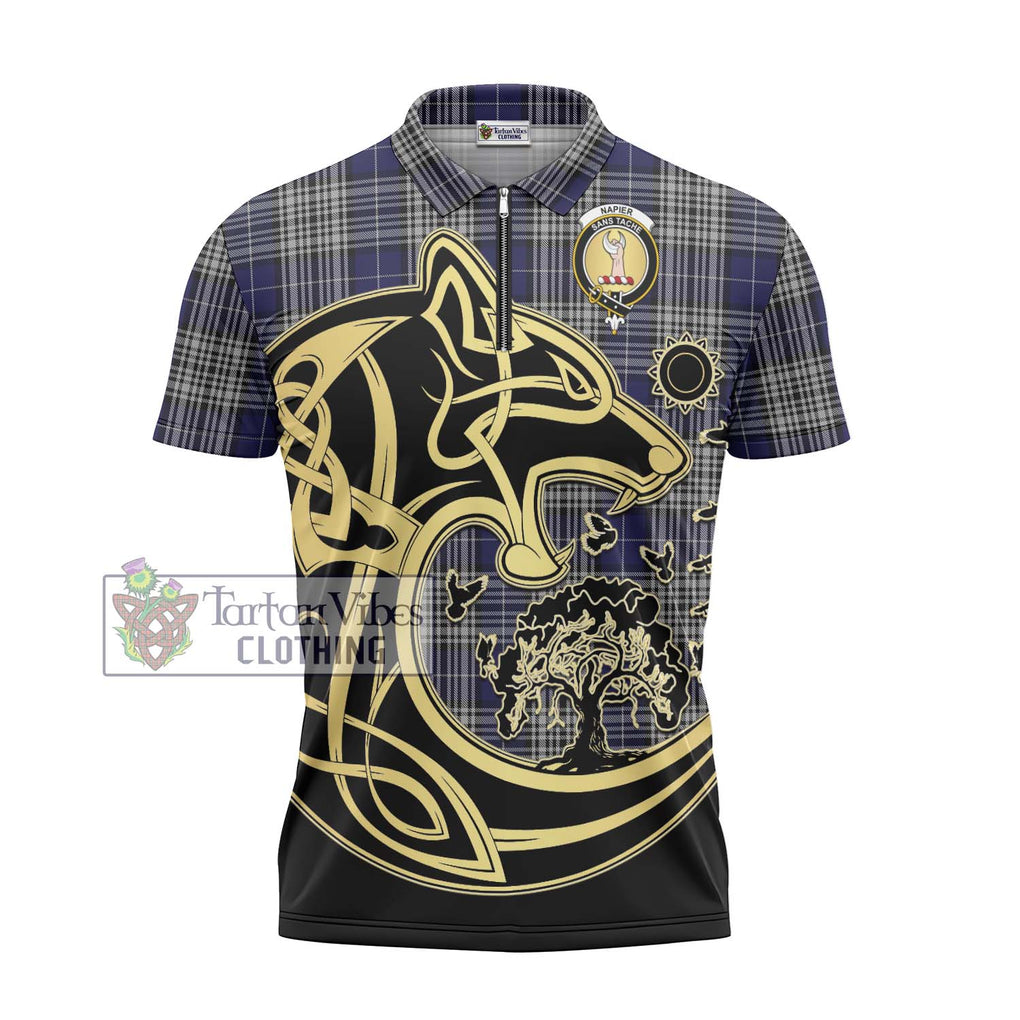 Napier Tartan Zipper Polo Shirt with Family Crest Celtic Wolf Style - Tartanvibesclothing Shop