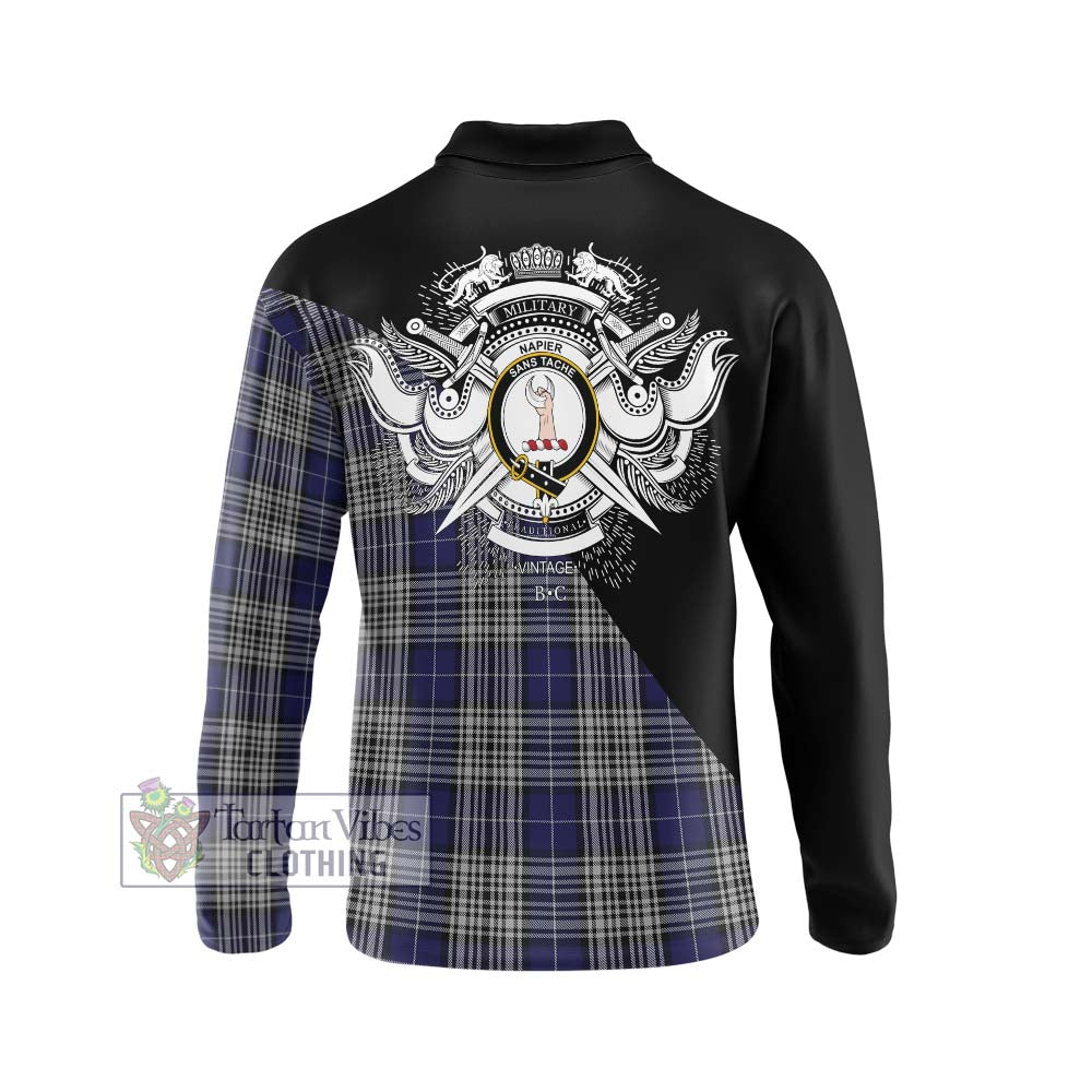 Napier Tartan Long Sleeve Polo Shirt with Family Crest and Military Logo Style - Tartanvibesclothing Shop