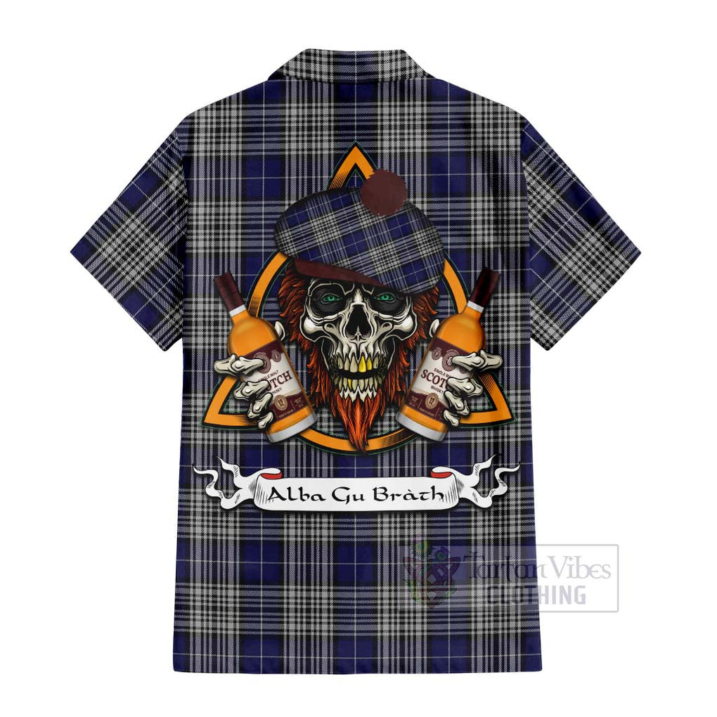 Tartan Vibes Clothing Napier Tartan Short Sleeve Button Shirt with Family Crest and Bearded Skull Holding Bottles of Whiskey