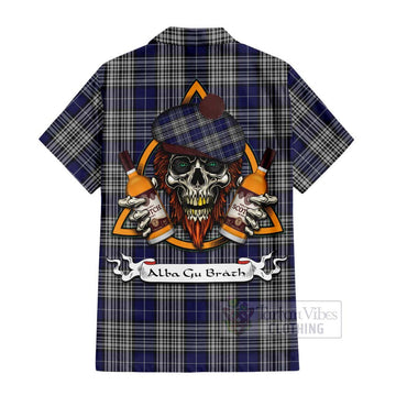 Napier Tartan Short Sleeve Button Shirt with Family Crest and Bearded Skull Holding Bottles of Whiskey