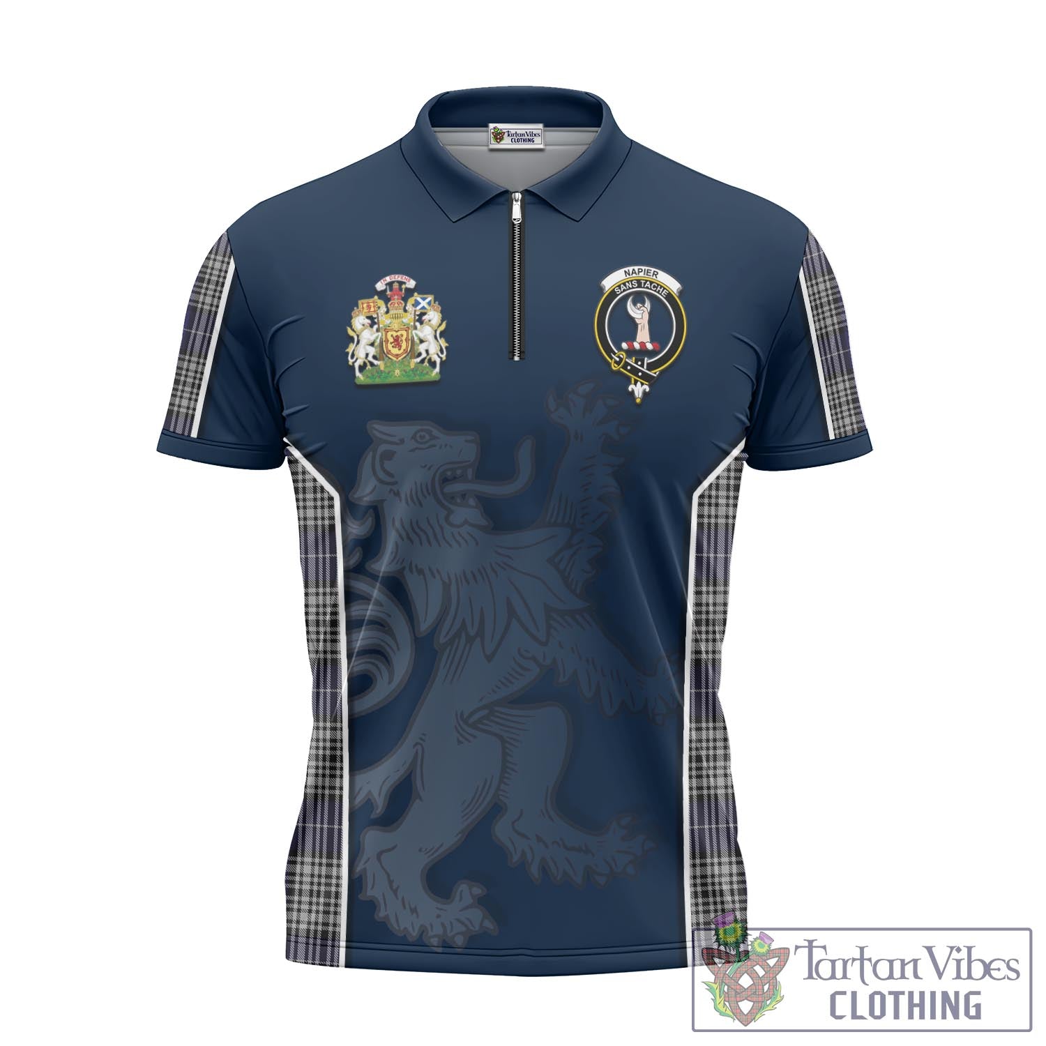 Tartan Vibes Clothing Napier Tartan Zipper Polo Shirt with Family Crest and Lion Rampant Vibes Sport Style