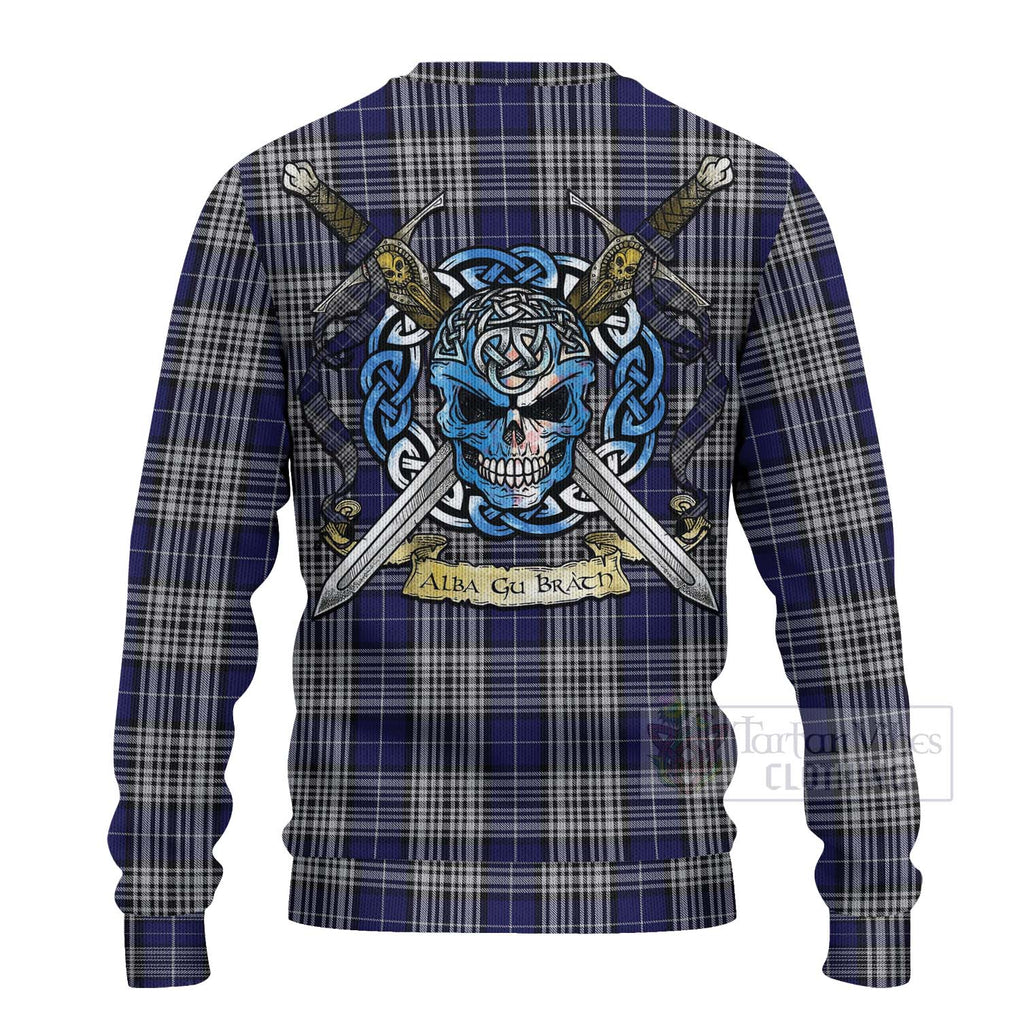 Tartan Vibes Clothing Napier Tartan Knitted Sweater with Family Crest Celtic Skull Style