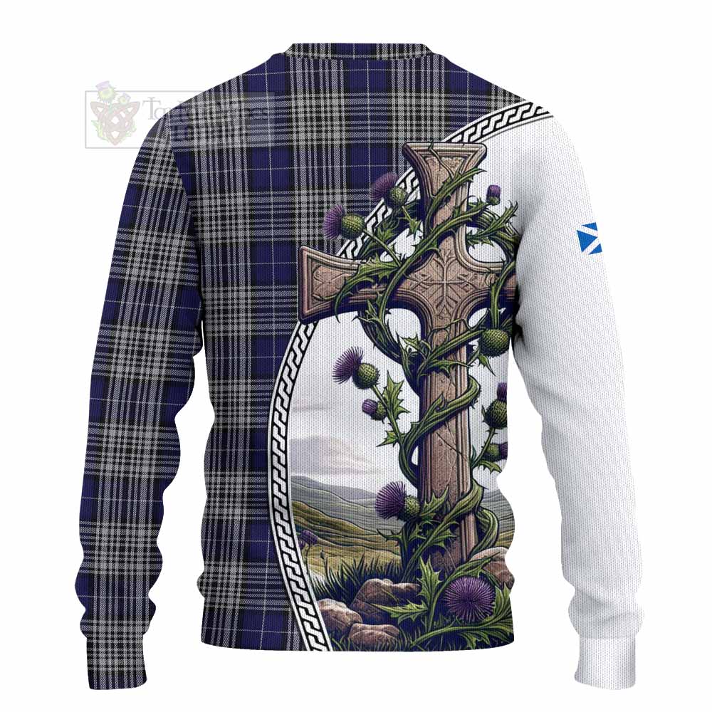 Tartan Vibes Clothing Napier Tartan Knitted Sweater with Family Crest and St. Andrew's Cross Accented by Thistle Vines