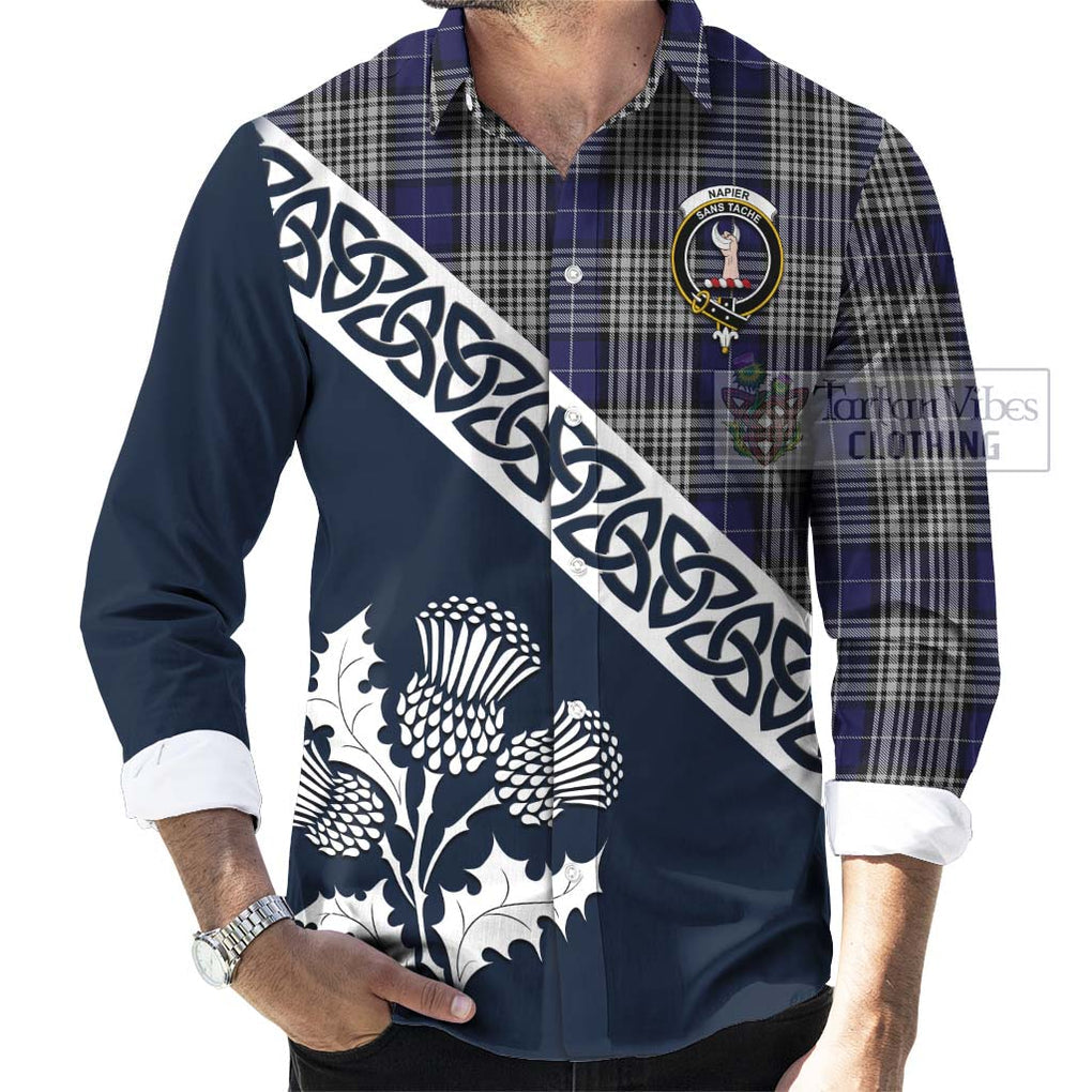 Tartan Vibes Clothing Napier Tartan Long Sleeve Button Shirt Featuring Thistle and Scotland Map