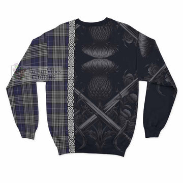 Napier Tartan Sweatshirt with Family Crest Cross Sword Thistle Celtic Vibes