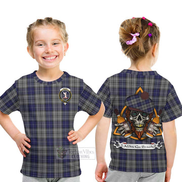 Napier Tartan Kid T-Shirt with Family Crest and Bearded Skull Holding Bottles of Whiskey