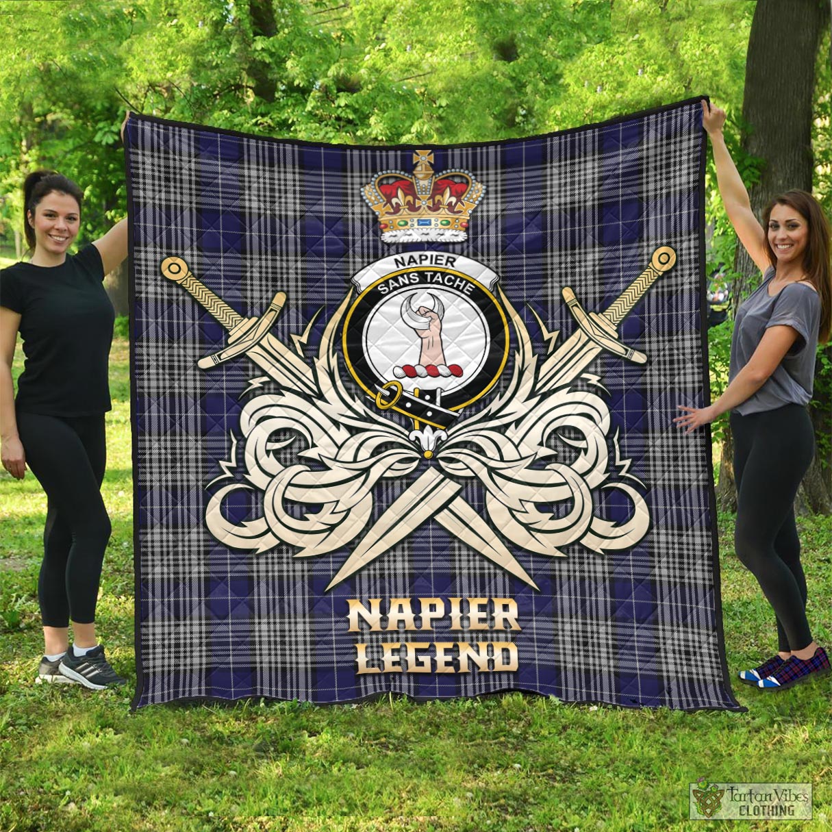 Tartan Vibes Clothing Napier Tartan Quilt with Clan Crest and the Golden Sword of Courageous Legacy