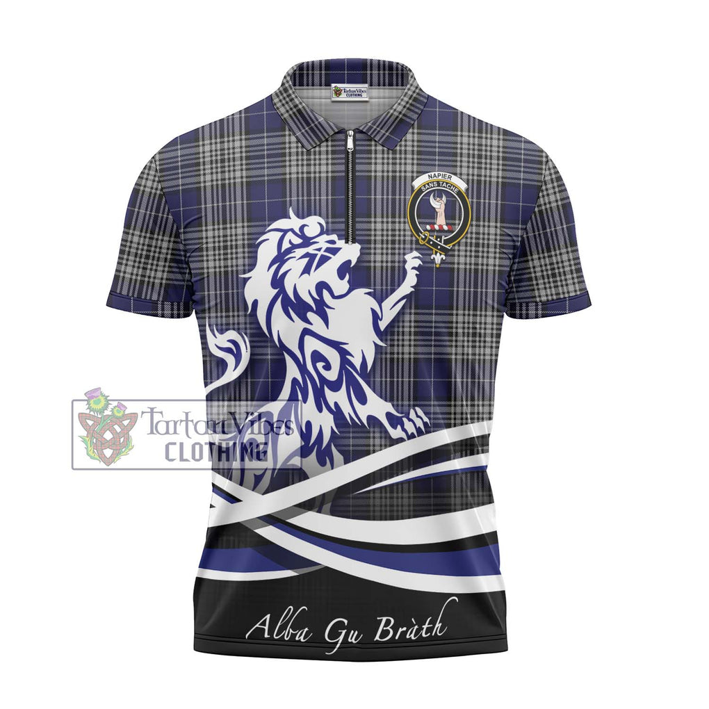 Napier Tartan Zipper Polo Shirt with Alba Gu Brath Regal Lion Emblem - Tartanvibesclothing Shop