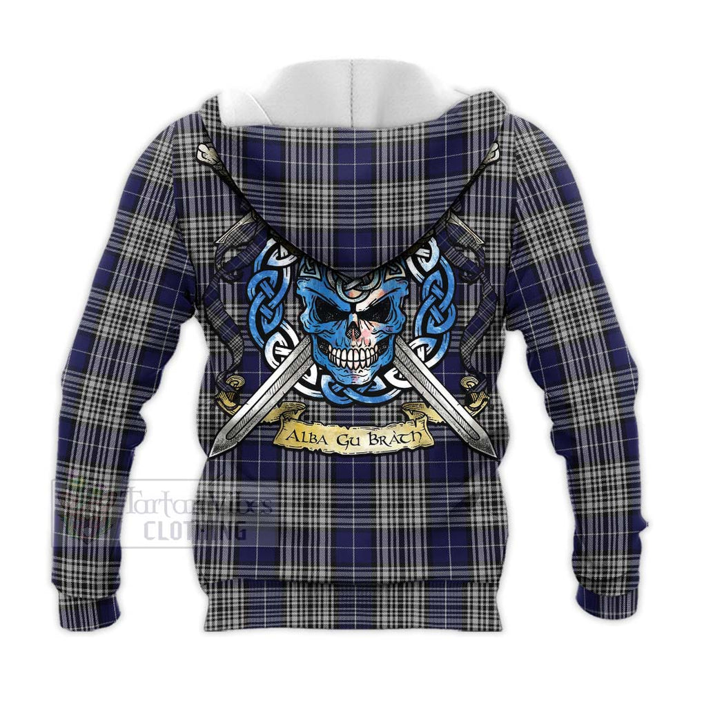 Tartan Vibes Clothing Napier Tartan Knitted Hoodie with Family Crest Celtic Skull Style