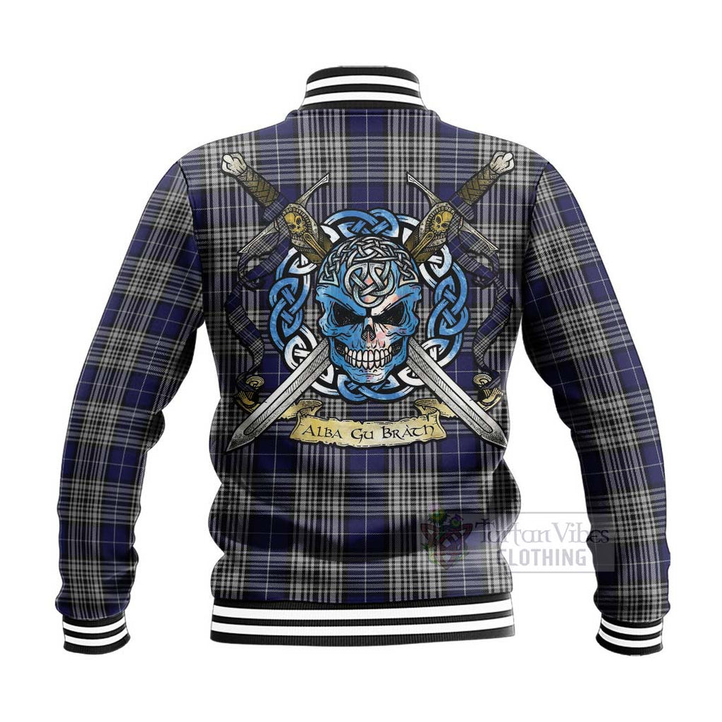 Tartan Vibes Clothing Napier Tartan Baseball Jacket with Family Crest Celtic Skull Style