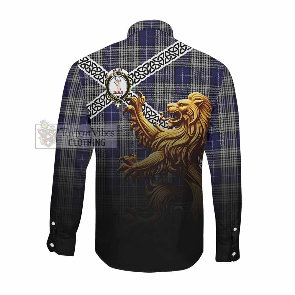 Napier Crest Tartan Long Sleeve Button Shirt with Golden Lion Emblem Celtic Style Men's Shirt - Tartan Vibes Clothing
