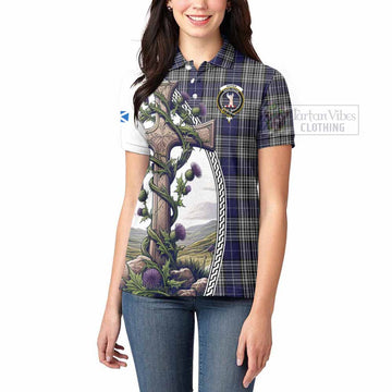 Napier Tartan Women's Polo Shirt with Family Crest and St. Andrew's Cross Accented by Thistle Vines