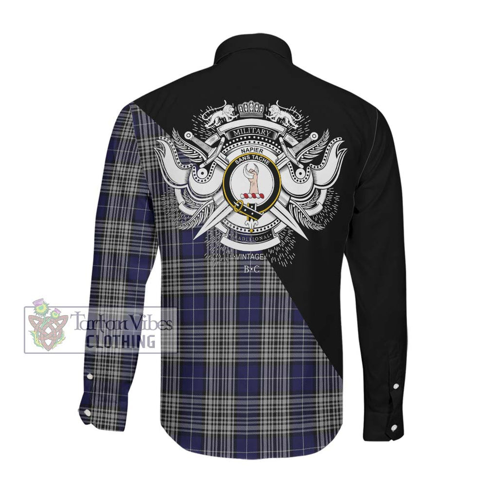 Napier Tartan Long Sleeve Button Shirt with Family Crest and Military Logo Style Men's Shirt - Tartanvibesclothing Shop