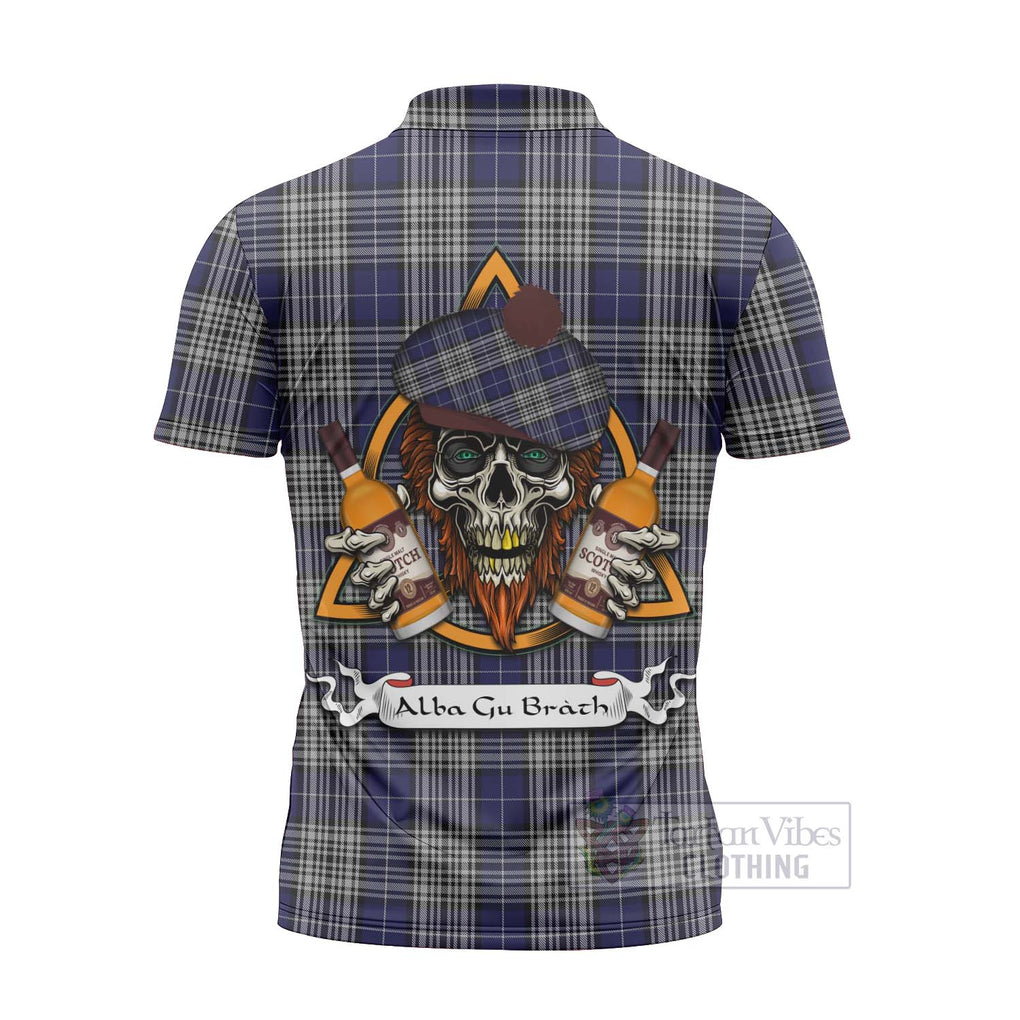 Tartan Vibes Clothing Napier Tartan Zipper Polo Shirt with Family Crest and Bearded Skull Holding Bottles of Whiskey