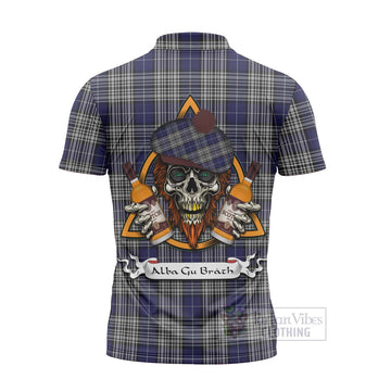 Napier Tartan Zipper Polo Shirt with Family Crest and Bearded Skull Holding Bottles of Whiskey