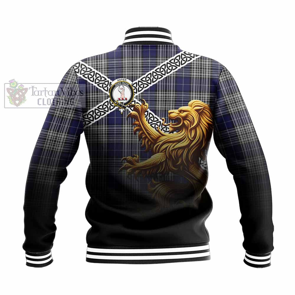 Napier Crest Tartan Baseball Jacket with Golden Lion Emblem Celtic Style - Tartan Vibes Clothing
