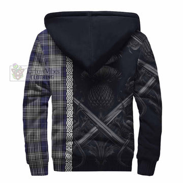 Napier Tartan Sherpa Hoodie with Family Crest Cross Sword Thistle Celtic Vibes