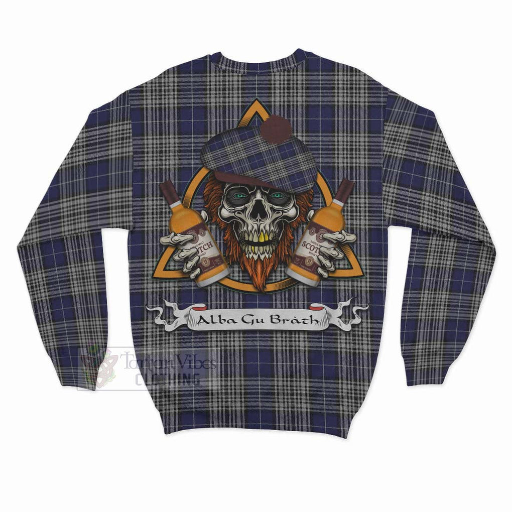 Tartan Vibes Clothing Napier Tartan Sweatshirt with Family Crest and Bearded Skull Holding Bottles of Whiskey