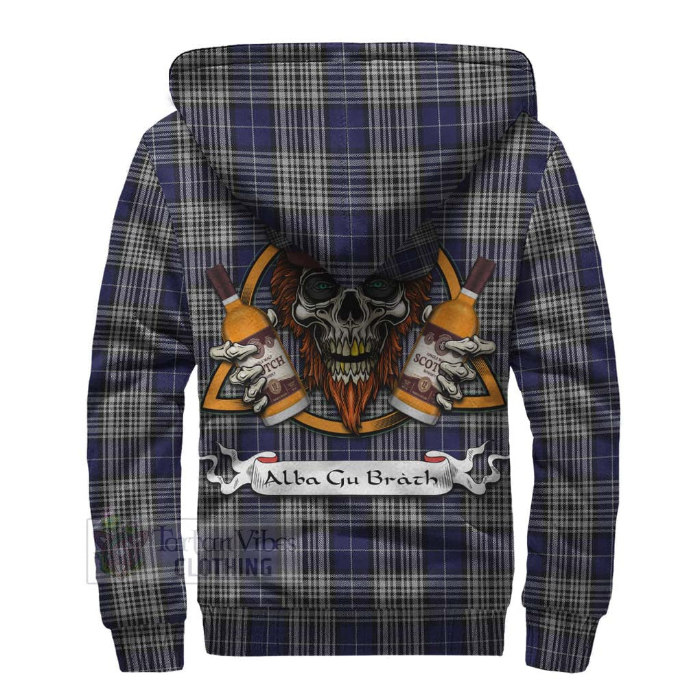 Tartan Vibes Clothing Napier Tartan Sherpa Hoodie with Family Crest and Bearded Skull Holding Bottles of Whiskey