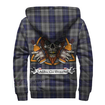 Napier Tartan Sherpa Hoodie with Family Crest and Bearded Skull Holding Bottles of Whiskey